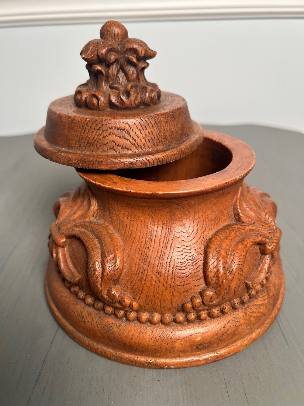 Vintage Finial Box- Carved Resin Wood look. Decorative Box with Lid - Warm Brown